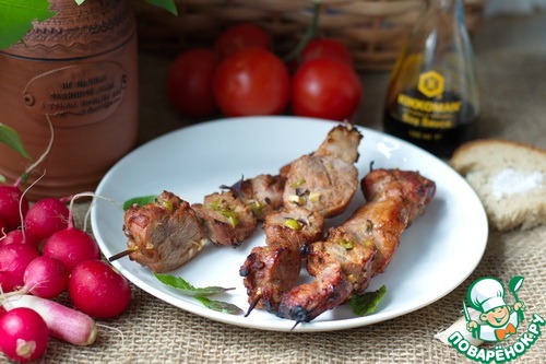 Skewers of pork in a tomato-soy marinade