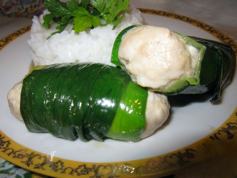 The chicken roll wrapped in leek