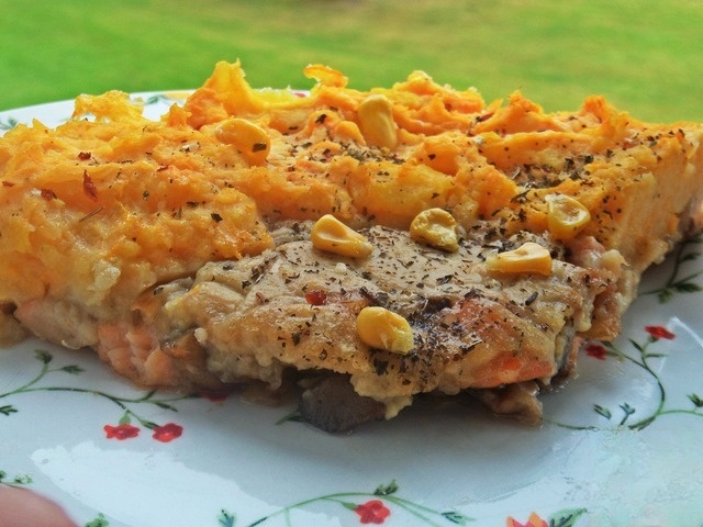 Potato gratin with fish topped with Bechamel