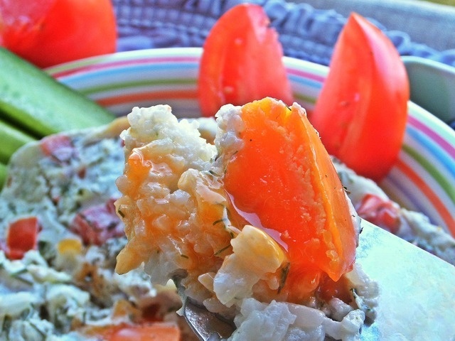 Рыбный омлет с рисом на сливках