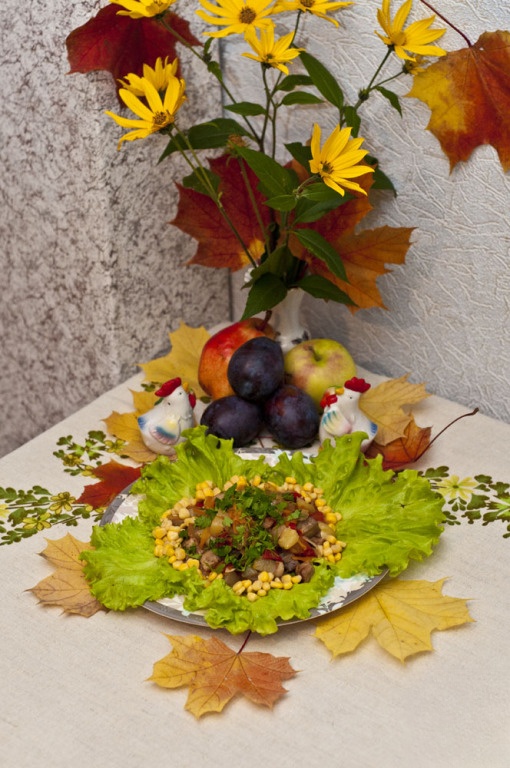 Vegetables with meat in pots in the style of 