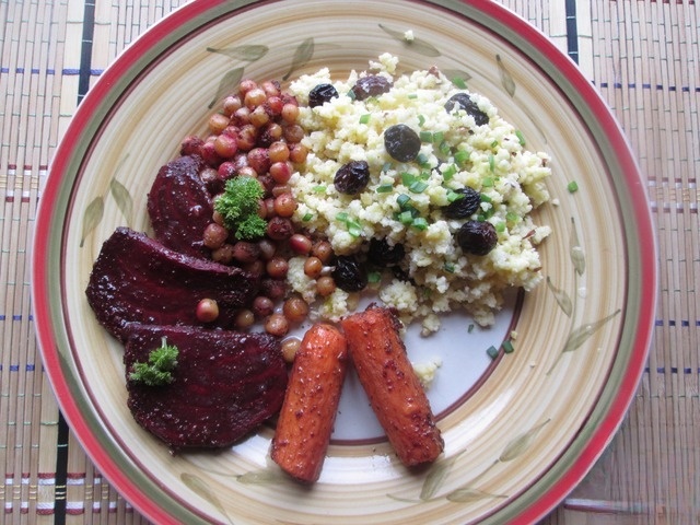 Spicy root vegetables with chickpeas and millet