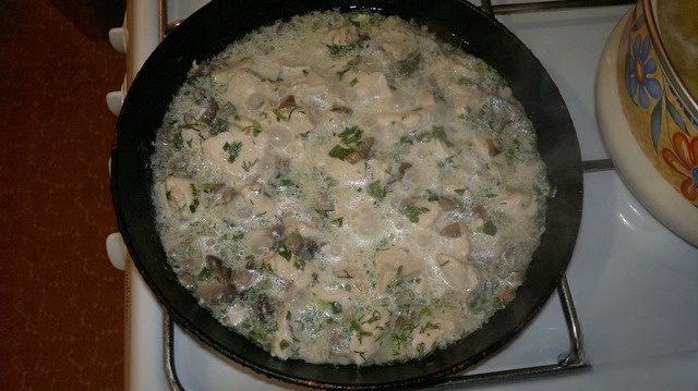 Chicken with mushrooms stewed in sour cream