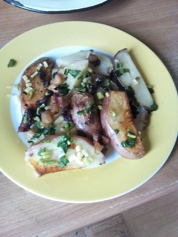 Baked potatoes with smoked meat and garlic