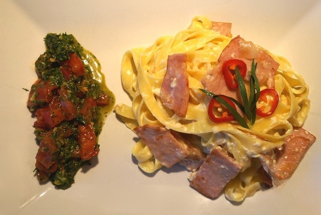 Pasta Carbonara with spicy salsa