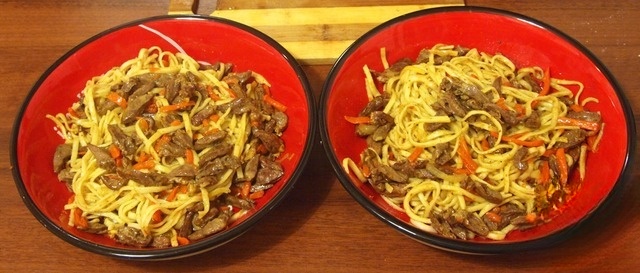 Chicken hearts with Udon noodles