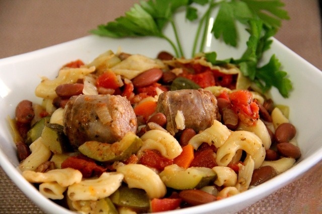 Roast Italian sausages and beans