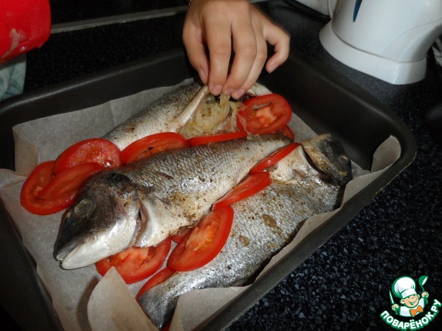 Dorada on a bed of tomatoes in the oven