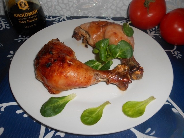Baked chicken legs in a soy-garlic marinade