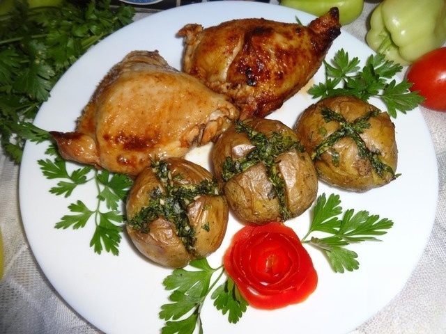 Chicken thighs with roasted potatoes