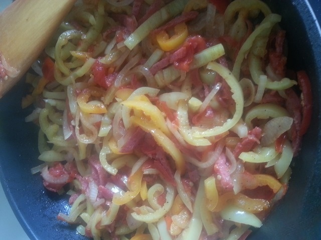 Steamed vegetables with smoked sausage