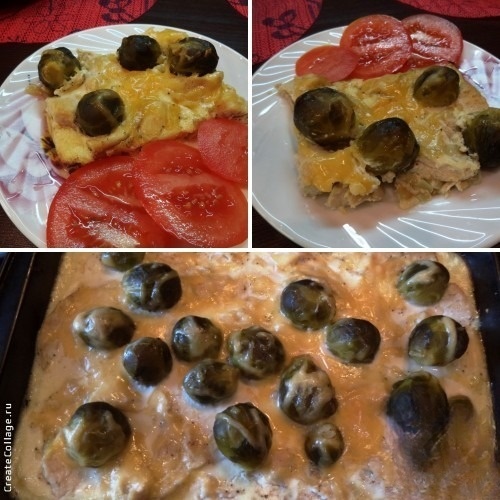 Casserole with Brussels sprouts and chicken