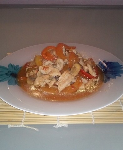 Spicy chicken breast with vegetables in a wok
