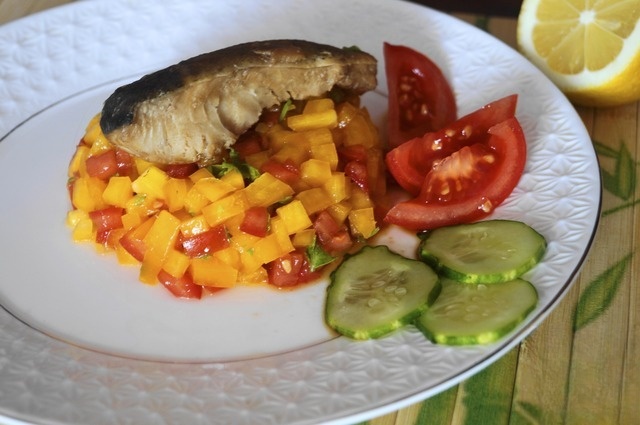 Cod fillet on a bed of salsa